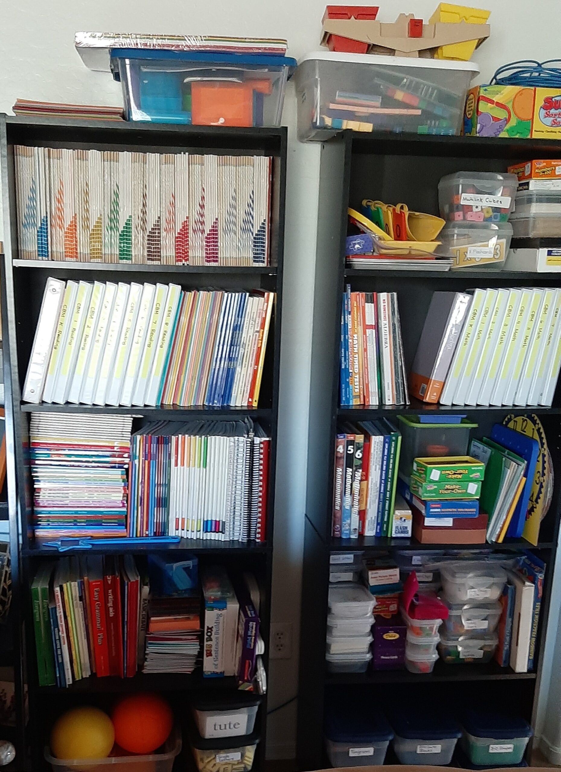 Homeschool teacher supplies on shelves