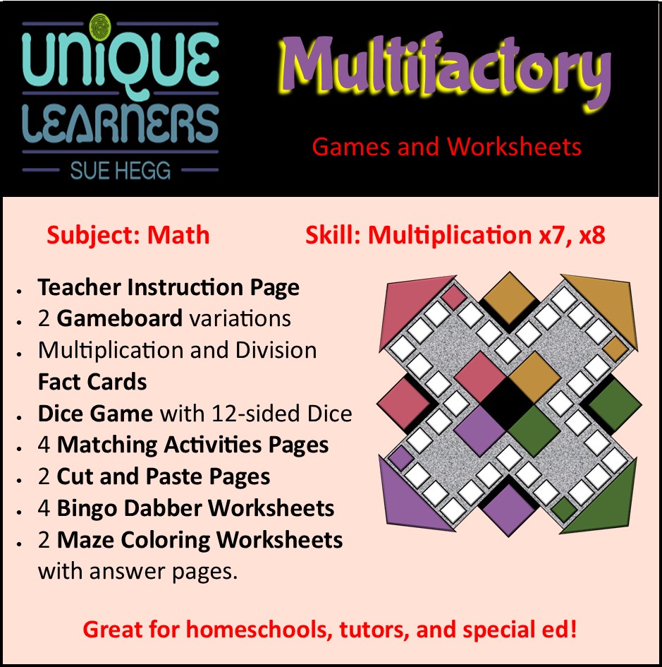 Games and worksheets for x7 and x8 multiplication facts.