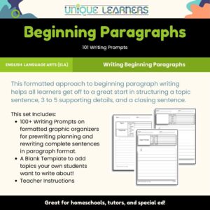 Formatted prompts for beginning paragraph writing
