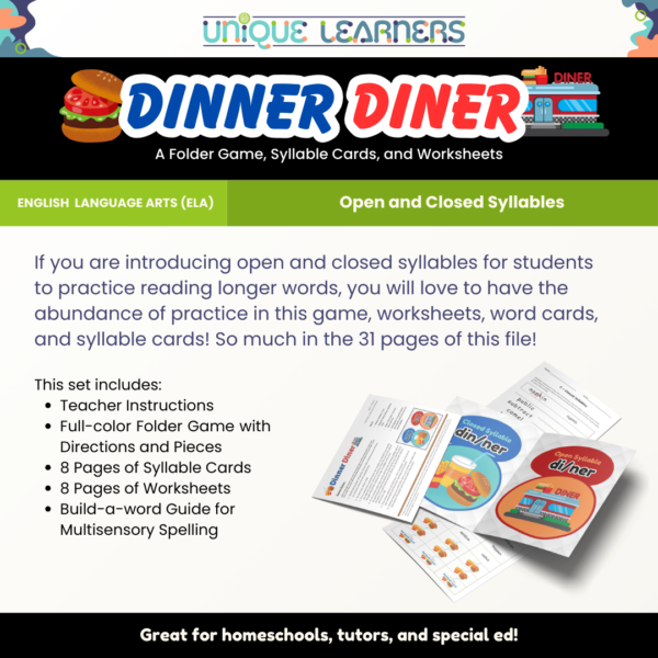 Open and Closed Syllables - Dinner Diner Folder Game and worksheets Description