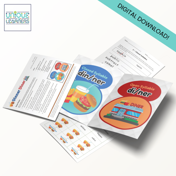 Open and Closed Syllables - Dinner Diner Folder Game and worksheets Digital Download