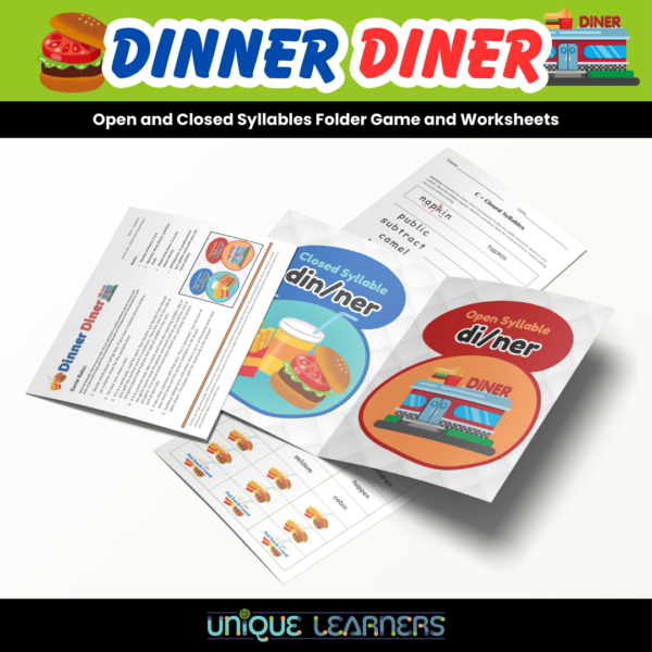 Open and Closed Syllables - Dinner Diner Folder Game and worksheets cover image