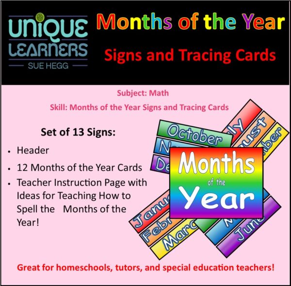 Months of the year signs and tracing cards