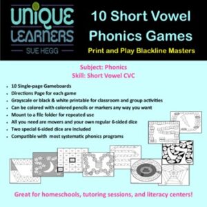 O-G Phonics Short Vowel CVC Set of 10 Games Blackline Masters