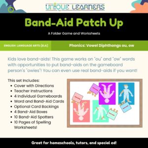 Band-Aid Patch Up is a folder game and worksheets for vowel diphthongs ou and ow.