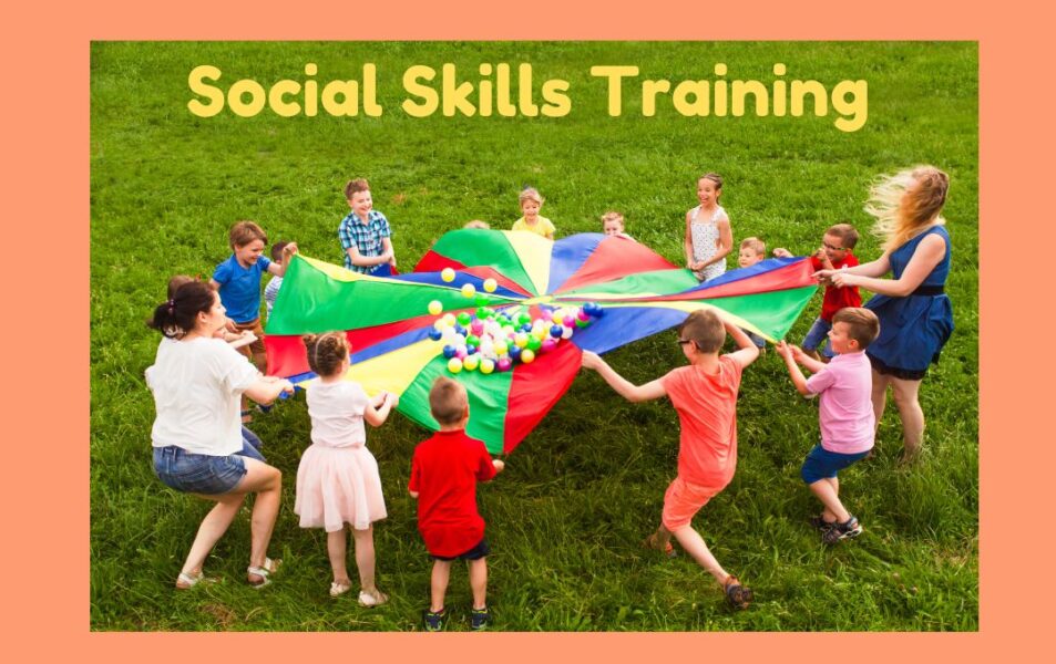 A social skills group of children communicate while playing with a parachute.