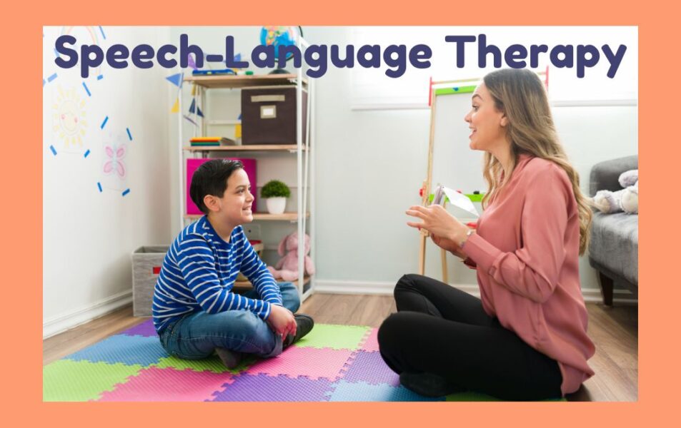 A speech-language therapist works with a student on auditory skills.