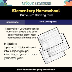 A homeschool curriculum planning form to track what you've used each year.