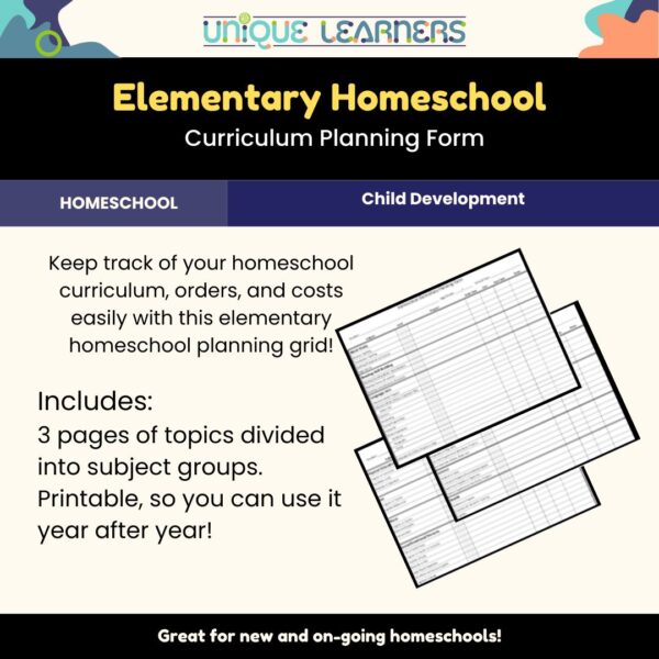 A homeschool curriculum planning form to track what you've used each year.
