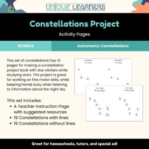 Science activity pages of constellations for kids with special learning needs.