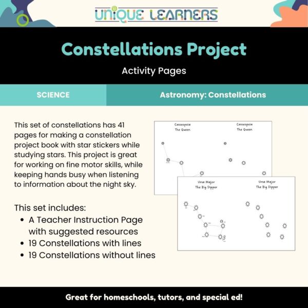 Science activity pages of constellations for kids with special learning needs.