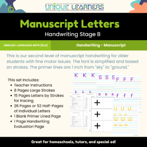 Manuscript Handwriting Stage B is designed for older students with fine motor difficulties.
