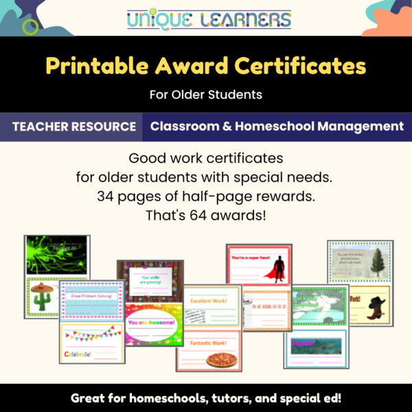 Aware certificates for kids with special learning needs.