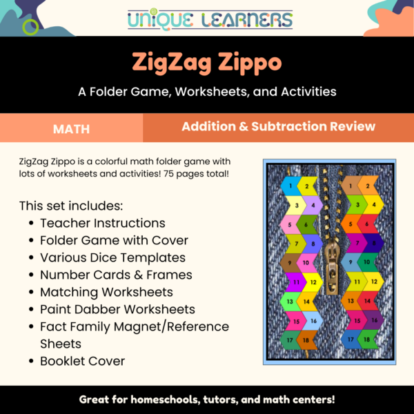 Zig Zag Zippo - Math Folder Game, Worksheets, and Activities Learning Games