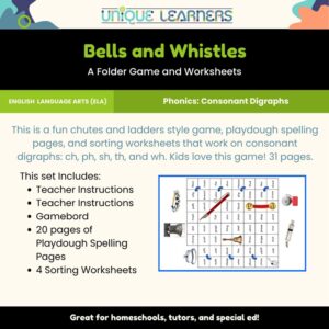 Bells and Whistles is a Chutes and Ladders style phonics game for consonant digraphs with lots of spelling practice worksheets.