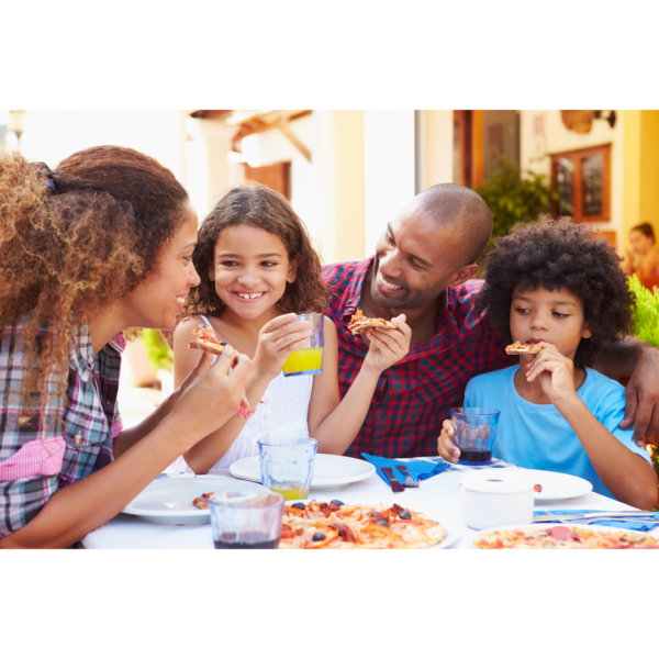 Mixed Race family of 4 enjoying pizza together - homeschool curriculum