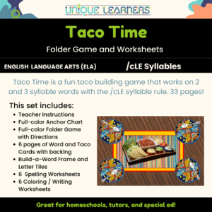 Taco Time is a folder game and worksheets for consonant le syllables.
