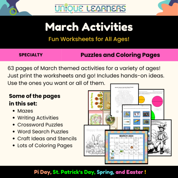 March Activities packet includes a calendar and 60 other pages of puzzles and worksheets for March homeschool fun.