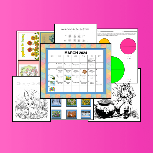 Color Example - March Activities packet includes a calendar and 60 other pages of puzzles and worksheets for March homeschooling.