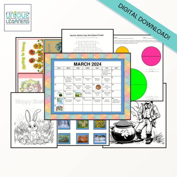 Digital Download - March Activities packet includes a calendar and 60 other pages of puzzles and worksheets for March homeschooling.
