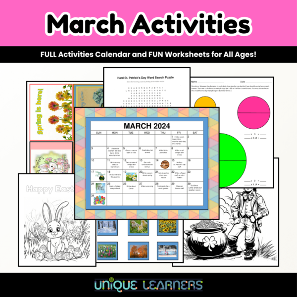Cover Example - March Activities packet includes a calendar and 60 other pages of puzzles and worksheets for March homeschooling.