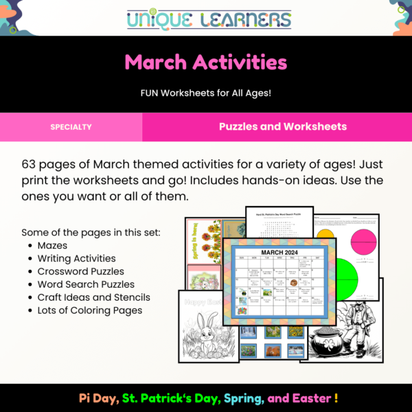 March Activities packet includes a calendar and 60 other pages of puzzles and worksheets for March homeschooling.