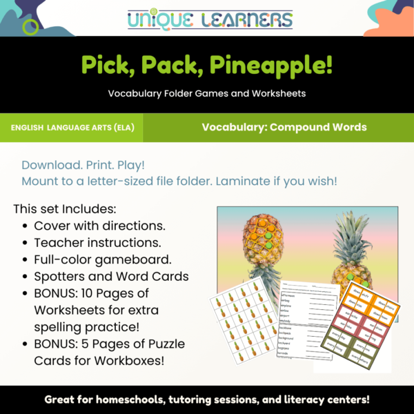 Pick Pack Pineapple! Compound Words Folder Game Detail and Example Images
