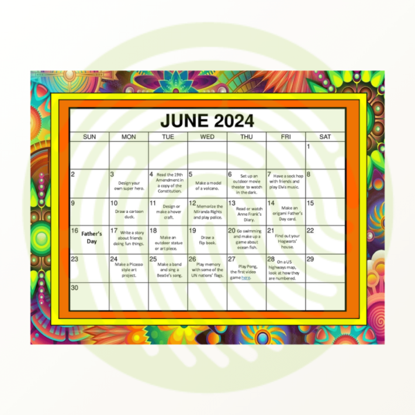 Hands-on activities and worksheets for each day in the month of June, calendar example.