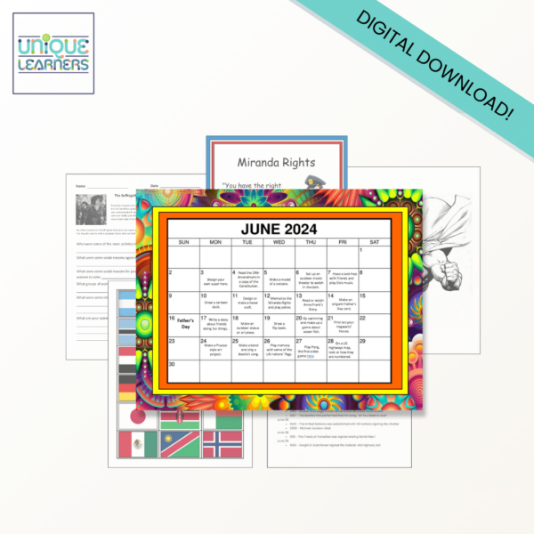 Hands-on activities and worksheets for each day in the month of June, digital download.