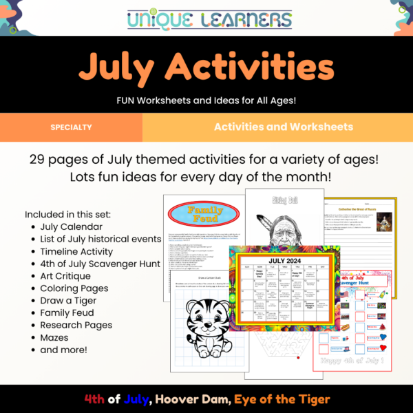 Our Unique Learners July Calendar Activities Pack has so many fun ideas and printables.