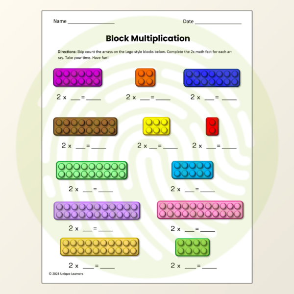 Multiplication X2 Table Math Unit Study Block Multiplication