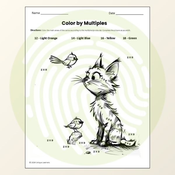 Multiplication X2 Table Math Unit Study Color by Number Example