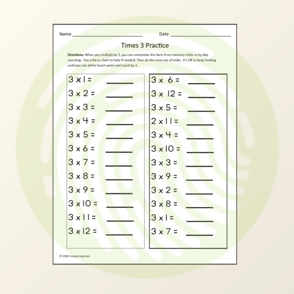 Multiplication X3 Table Math Worksheets & Activities Example 01