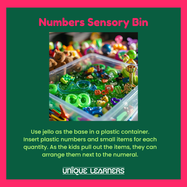 Sensory bins at home can encourage children to count objects.