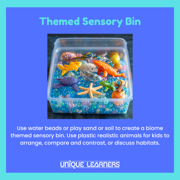 Small plastic animals and objects can create themed sensory bins for kids to explore social studies and science topics.