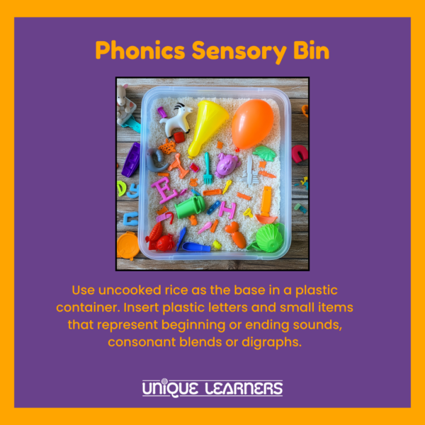 Rice is a simple base for creating sensory bins at home. Collecting small plastic letters, numbers, and objects can make them so easy to assemble.