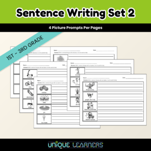 Sentence Writing Set 2 contains 25 pages with 4 picture prompts for sentence writing practice.