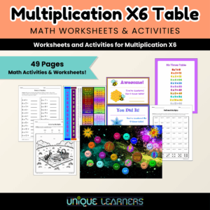 This multiplication times six unit study has 49 pages of worksheets and activities to practice the times 6 table.