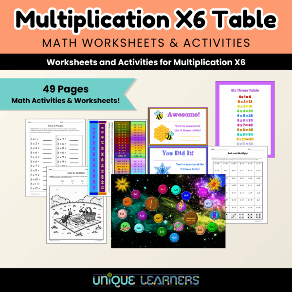 This multiplication times six unit study has 49 pages of worksheets and activities to practice the times 6 table.
