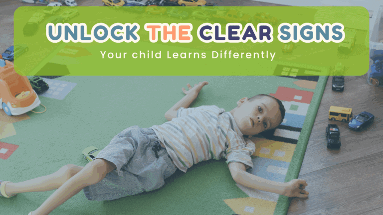 Banner for 'Unlock the Clear Signs' showing a child resting on a colorful rug with toy cars, overlaid by a lime-green header.